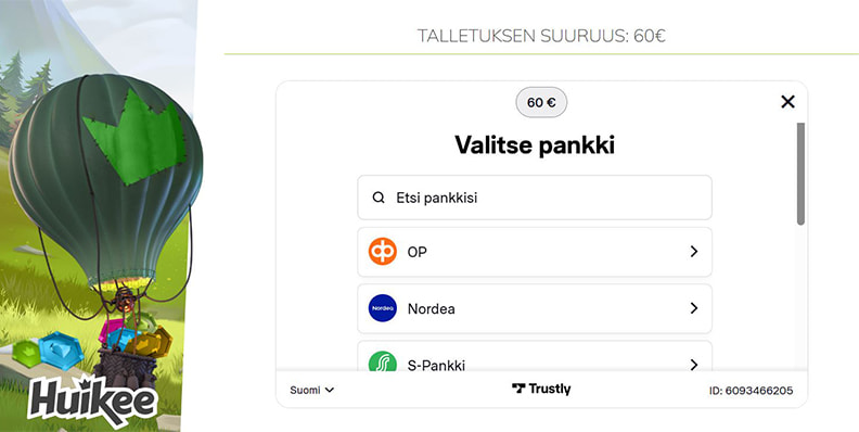 Huikee kasinon Pay N Play -valikko