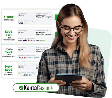 Nainen tutkimassa Kantacasino.comin kasinoarvosteluja
